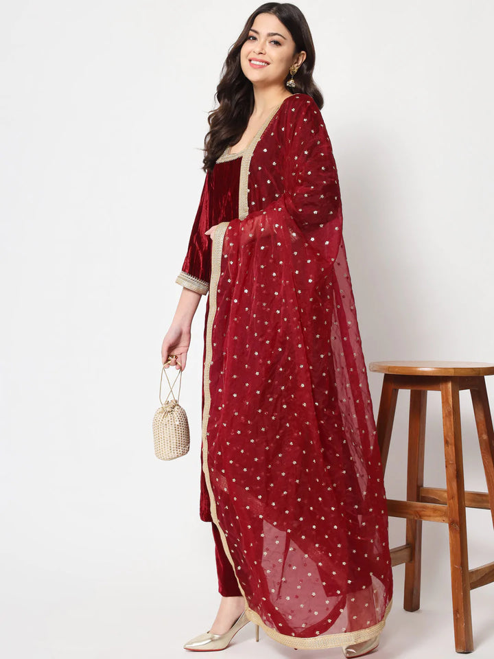 anokherang Combos Sangria Maroon Velvet Straight Kurti with Pants and Dupatta