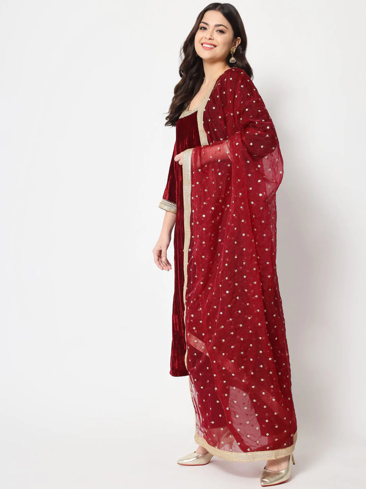 anokherang Combos Sangria Maroon Velvet Straight Kurti with Pants and Dupatta