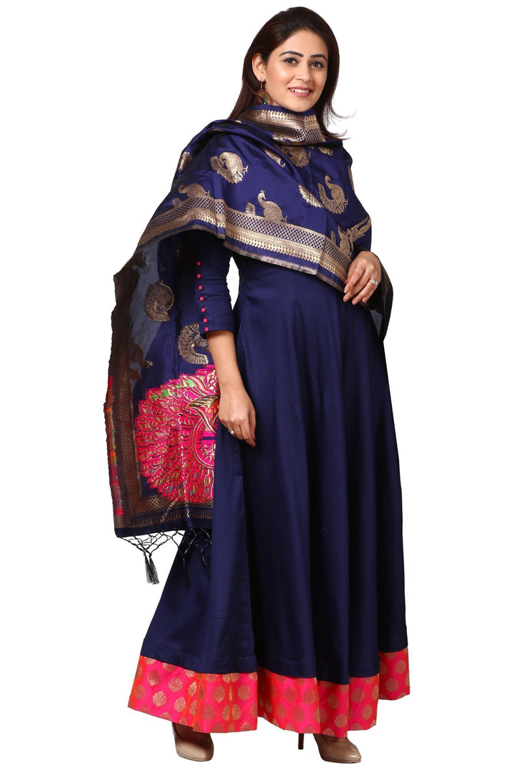anokherang Combos Sapphire Blue Floor Length Kurti with Peacock Banarsi Stole