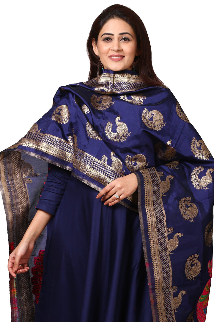 anokherang Combos Sapphire Blue Floor Length Kurti with Peacock Banarsi Stole