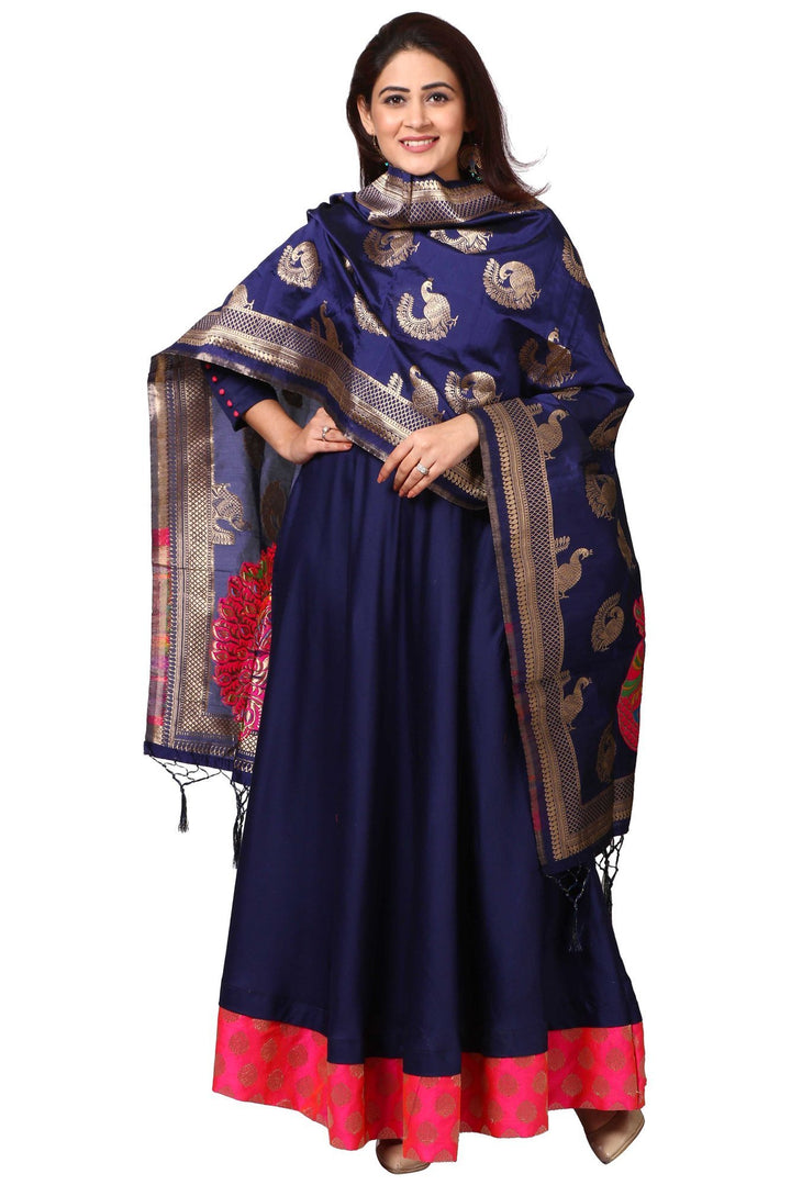 anokherang Combos Sapphire Blue Floor Length Kurti with Peacock Banarsi Stole