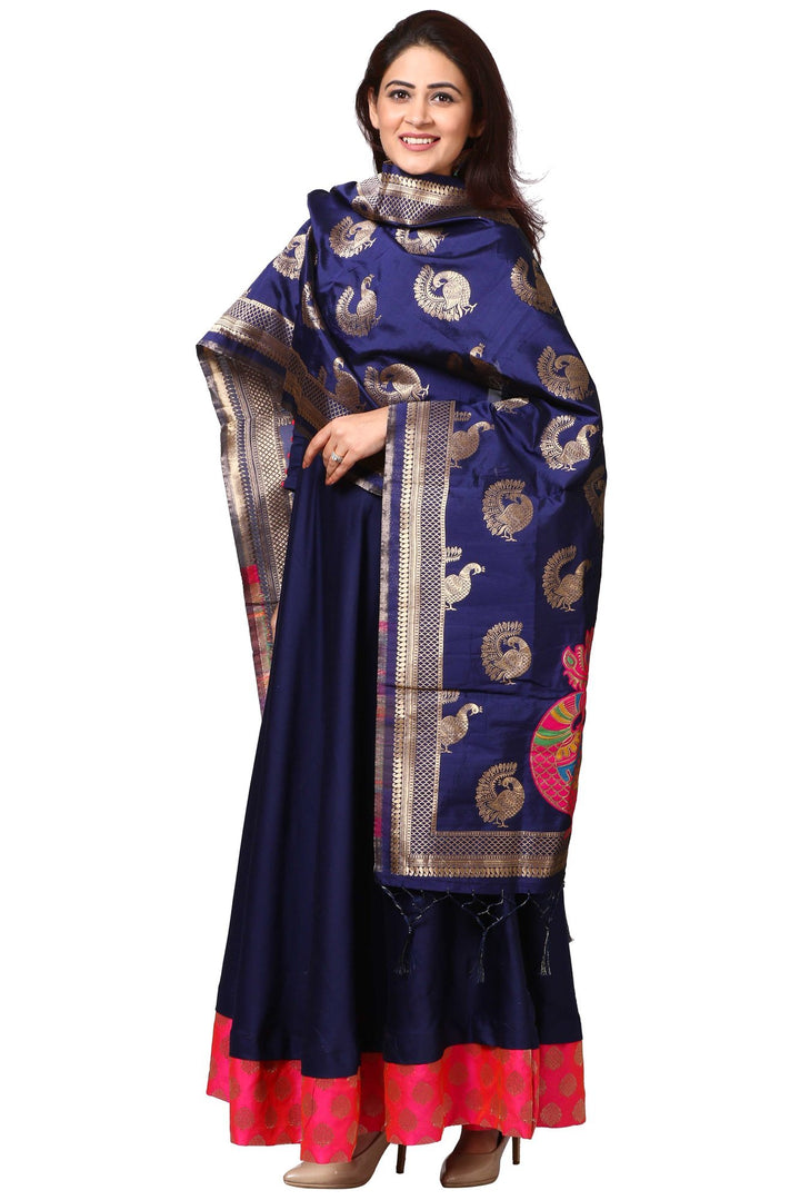 anokherang Combos Sapphire Blue Floor Length Kurti with Peacock Banarsi Stole