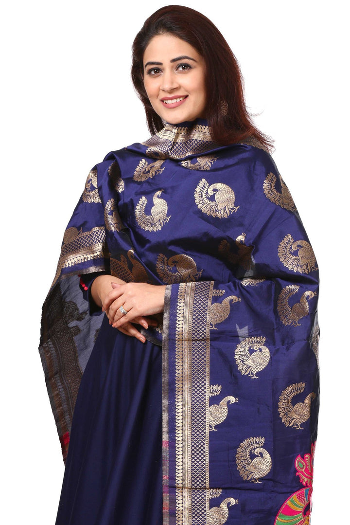 anokherang Combos Sapphire Blue Floor Length Kurti with Peacock Banarsi Stole