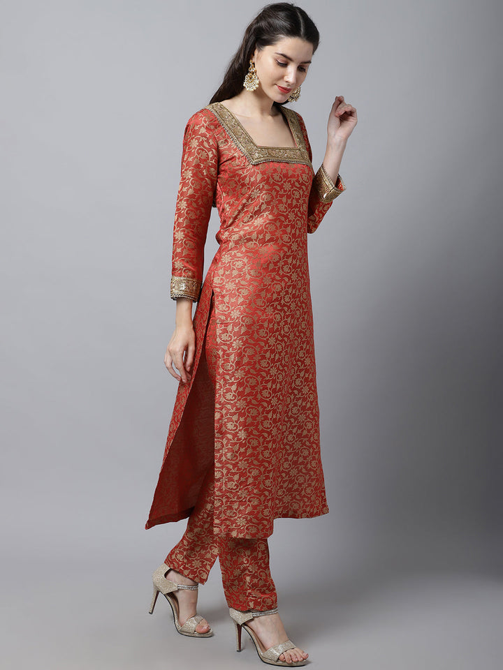 anokherang Combos Scarlet Red Brocade Kurti with Straight Pants