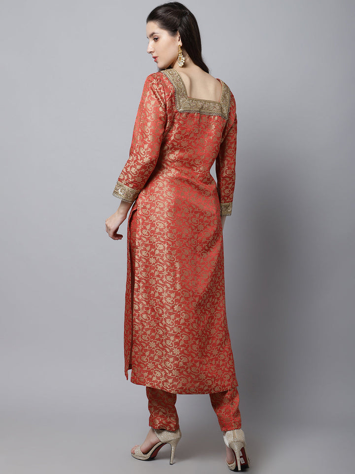 anokherang Combos Scarlet Red Brocade Kurti with Straight Pants