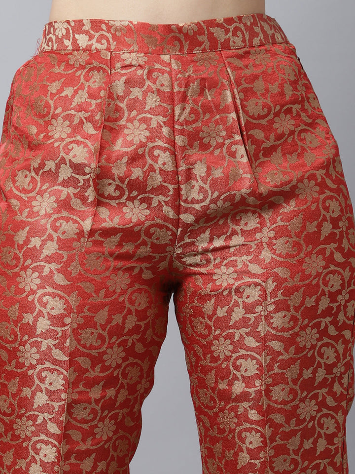 anokherang Combos Scarlet Red Brocade Kurti with Straight Pants