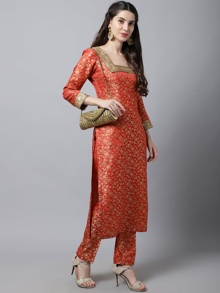 anokherang Combos Scarlet Red Brocade Kurti with Straight Pants
