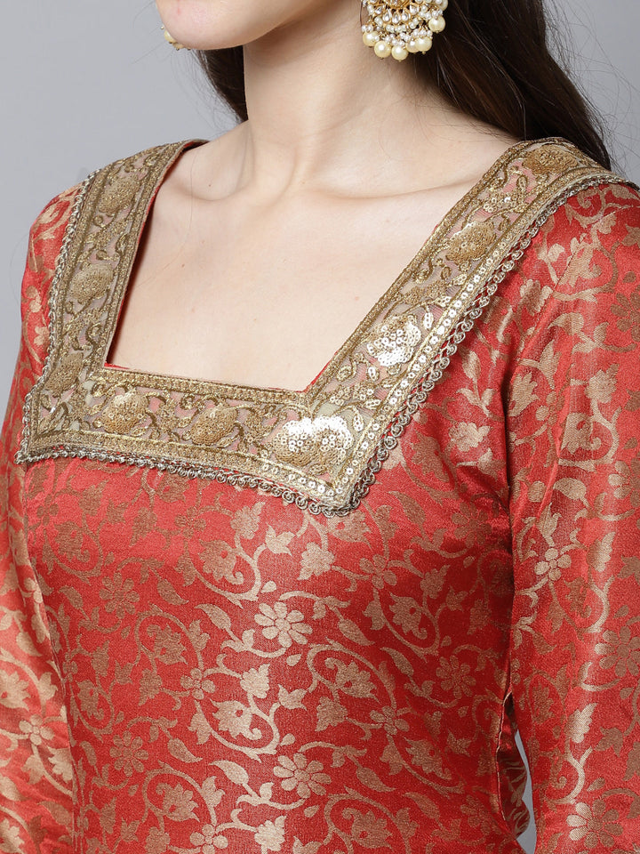 anokherang Combos Scarlet Red Brocade Kurti with Straight Pants