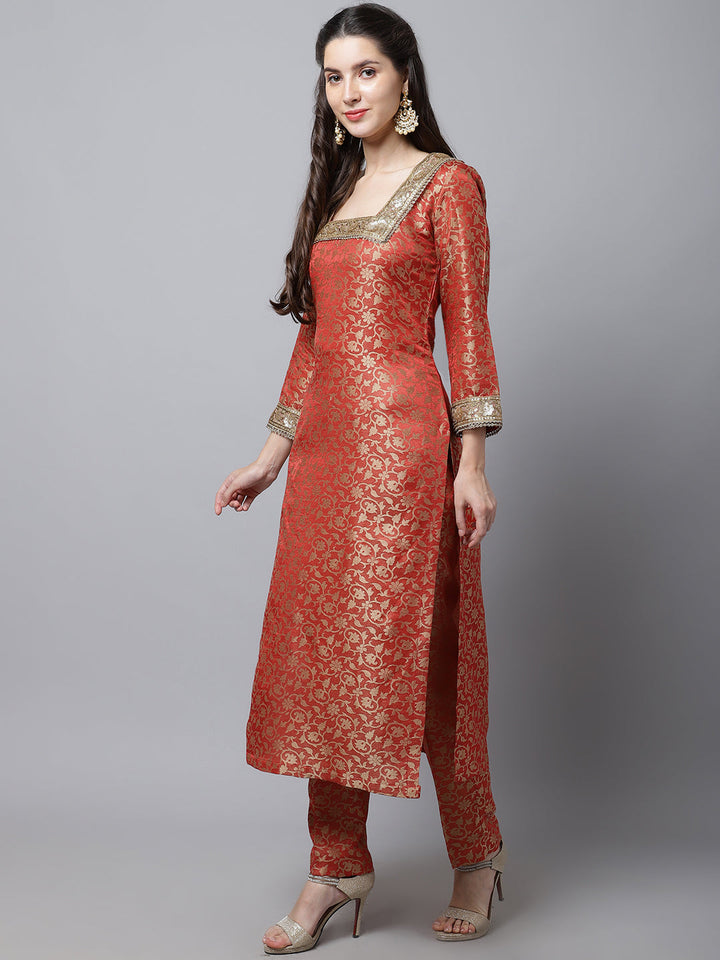 anokherang Combos Scarlet Red Brocade Kurti with Straight Pants