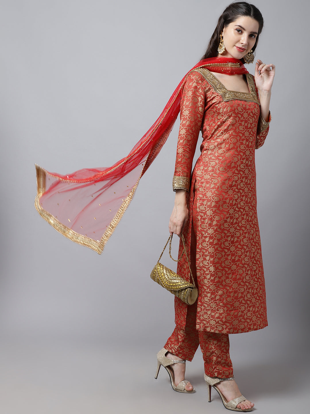 Brocade Kurti And Velvet Pant With Matching Dupatta main image 0