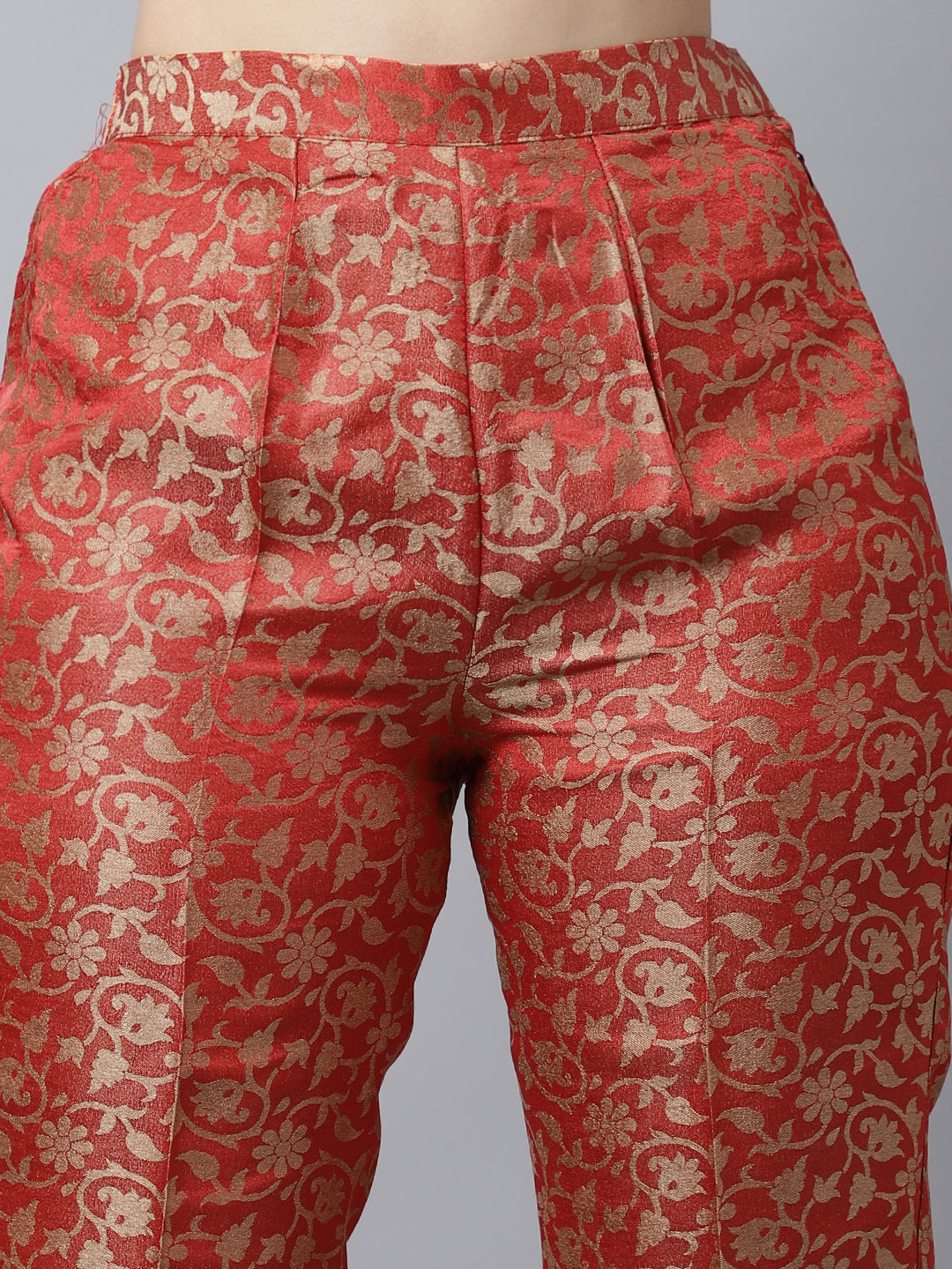 Scarlet Red Brocade Kurti with Straight Pants And Net Stone Dupatta 