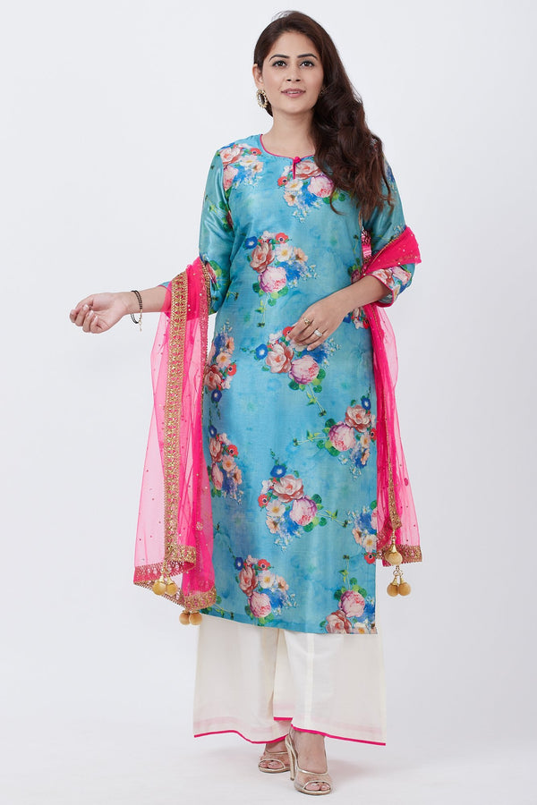 anokherang Combos Sea Blue Floral Straight Kurti with Flared Palazzo and Pink Mirror Stone Dupatta