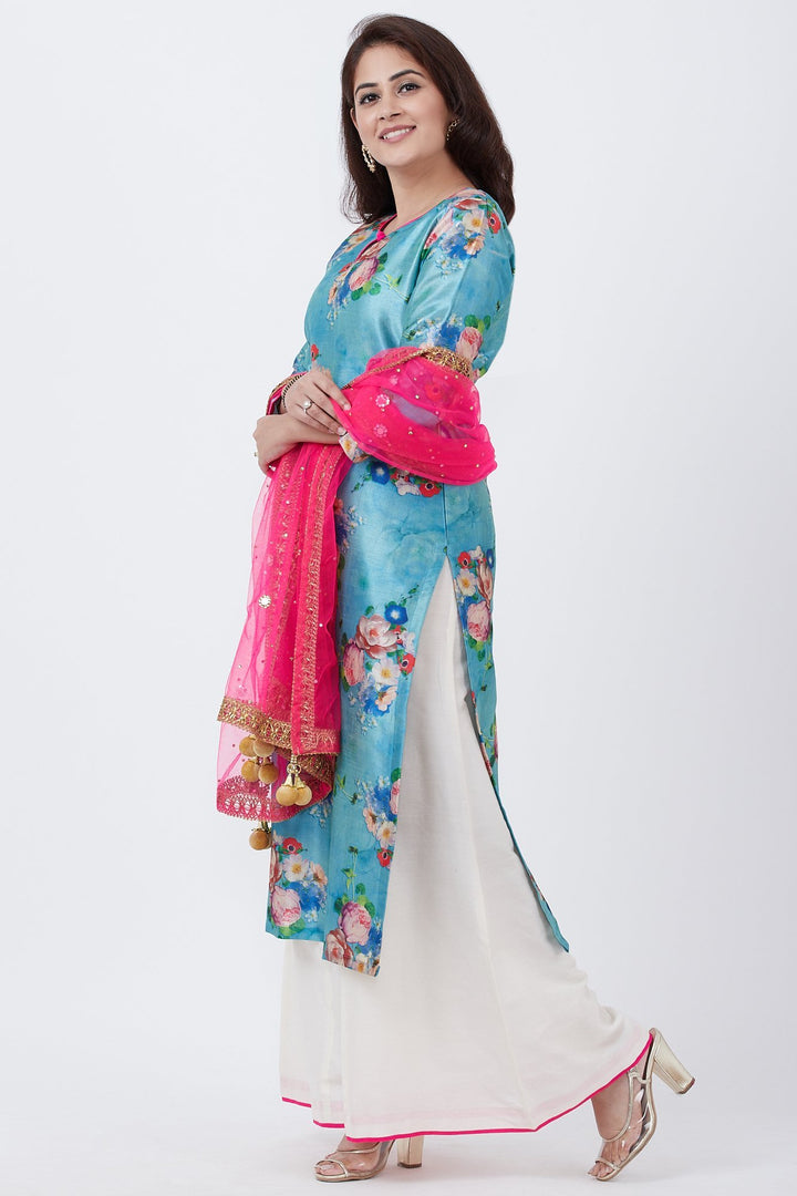 anokherang Combos Sea Blue Floral Straight Kurti with Flared Palazzo and Pink Mirror Stone Dupatta