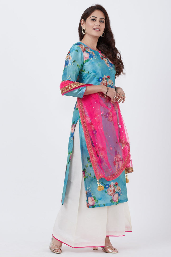 anokherang Combos Sea Blue Floral Straight Kurti with Flared Palazzo and Pink Mirror Stone Dupatta