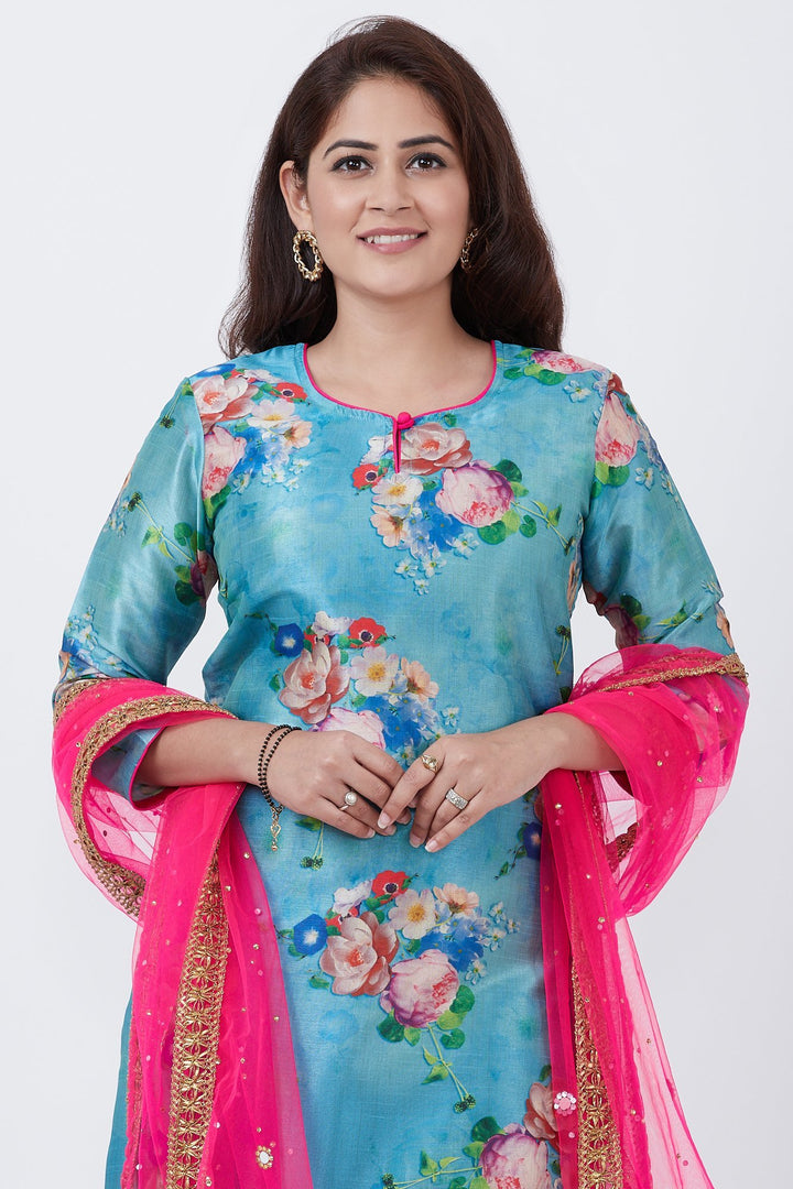 anokherang Combos Sea Blue Floral Straight Kurti with Flared Palazzo and Pink Mirror Stone Dupatta