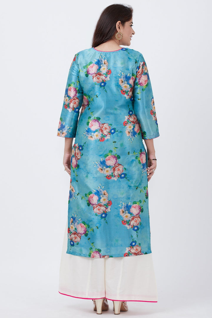 anokherang Combos Sea Blue Floral Straight Kurti with Flared Palazzo and Pink Mirror Stone Dupatta