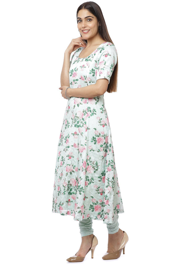 Sea Floral Sequence Lines A-Line Kurti with Churidaar