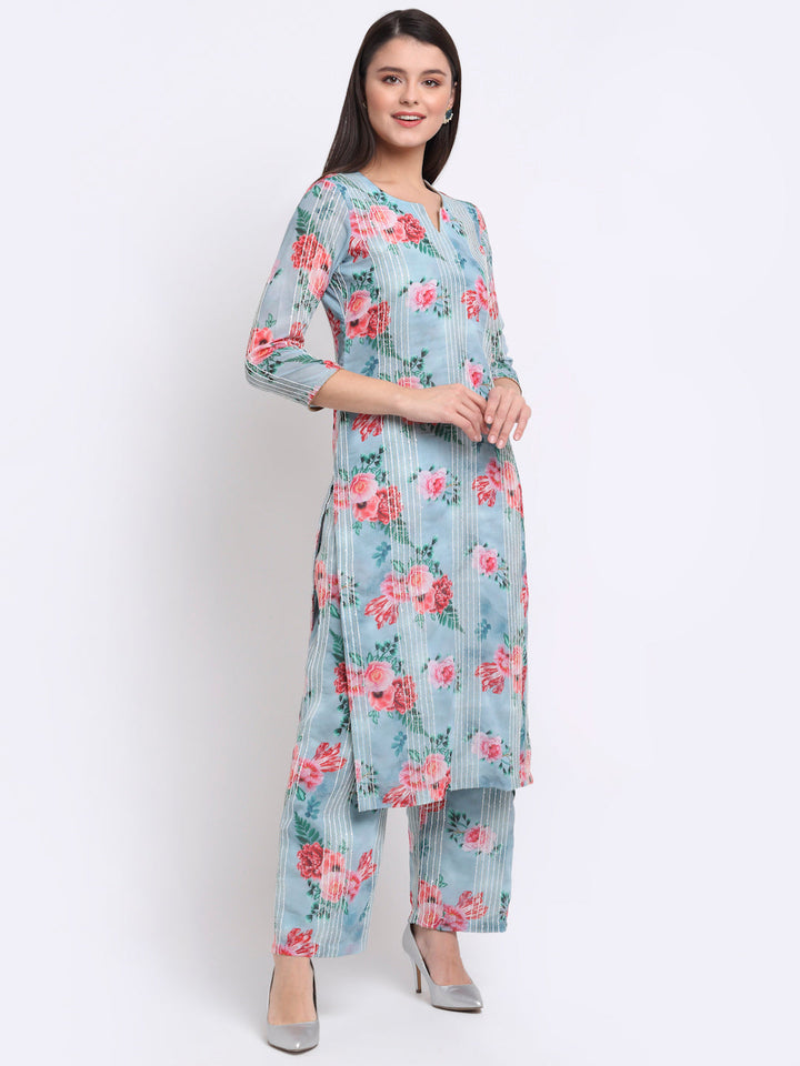 anokherang Combos Sea Green Floral Sequinned Lines Kurti with Palazzo