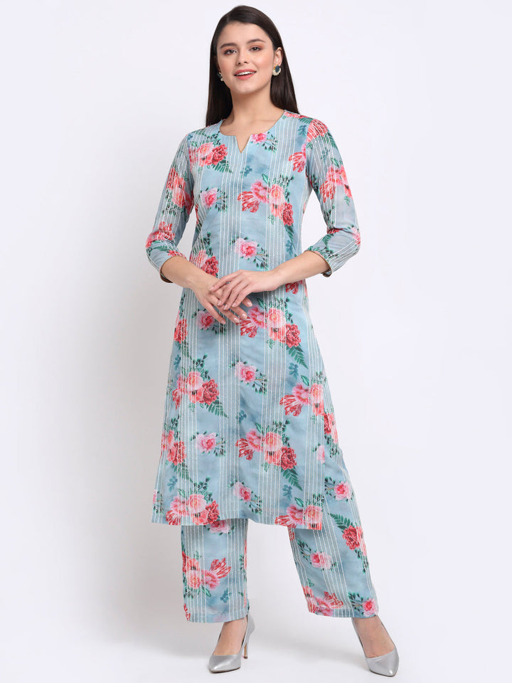 anokherang Combos Sea Green Floral Sequinned Lines Kurti with Palazzo