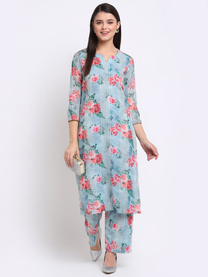 anokherang Combos Sea Green Floral Sequinned Lines Kurti with Palazzo