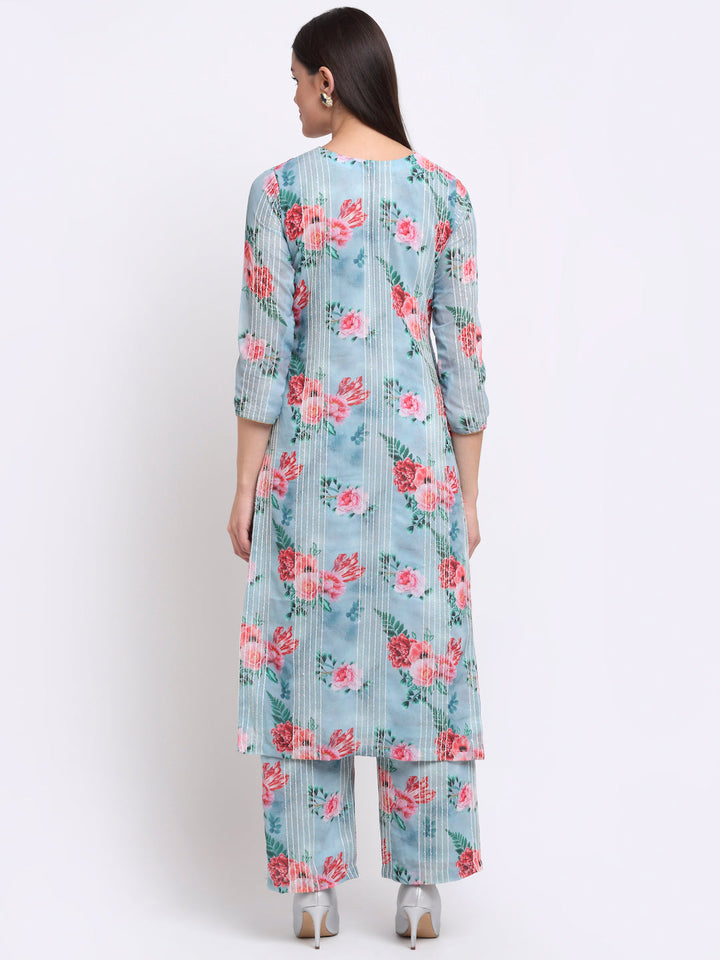 anokherang Combos Sea Green Floral Sequinned Lines Kurti with Palazzo