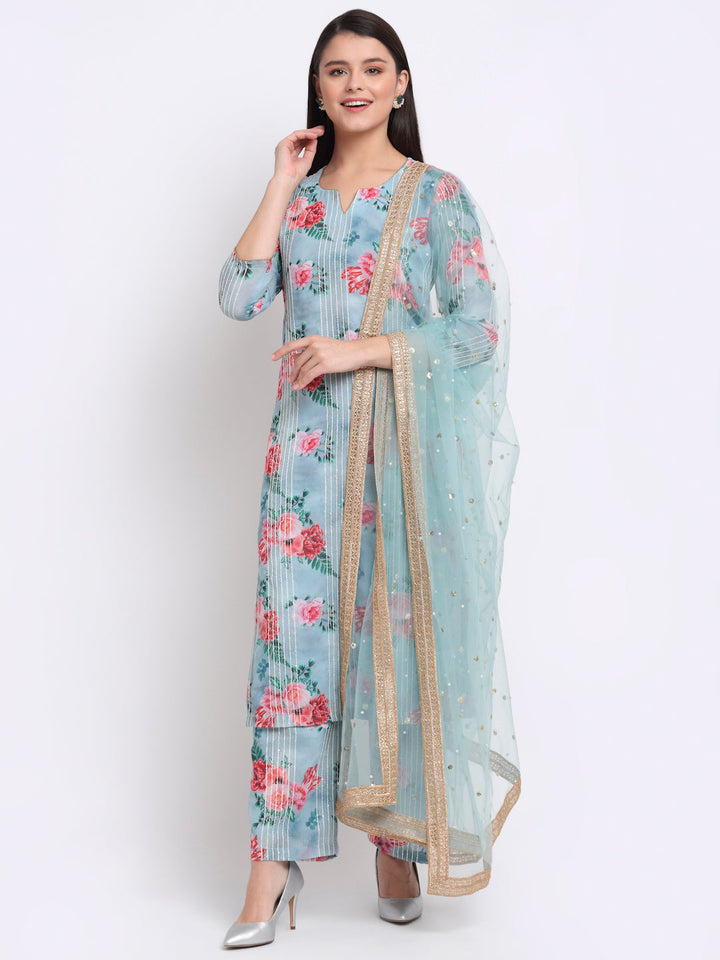 anokherang Combos Sea Green Floral Sequinned Lines Kurti with Palazzo and Sequin Dupatta