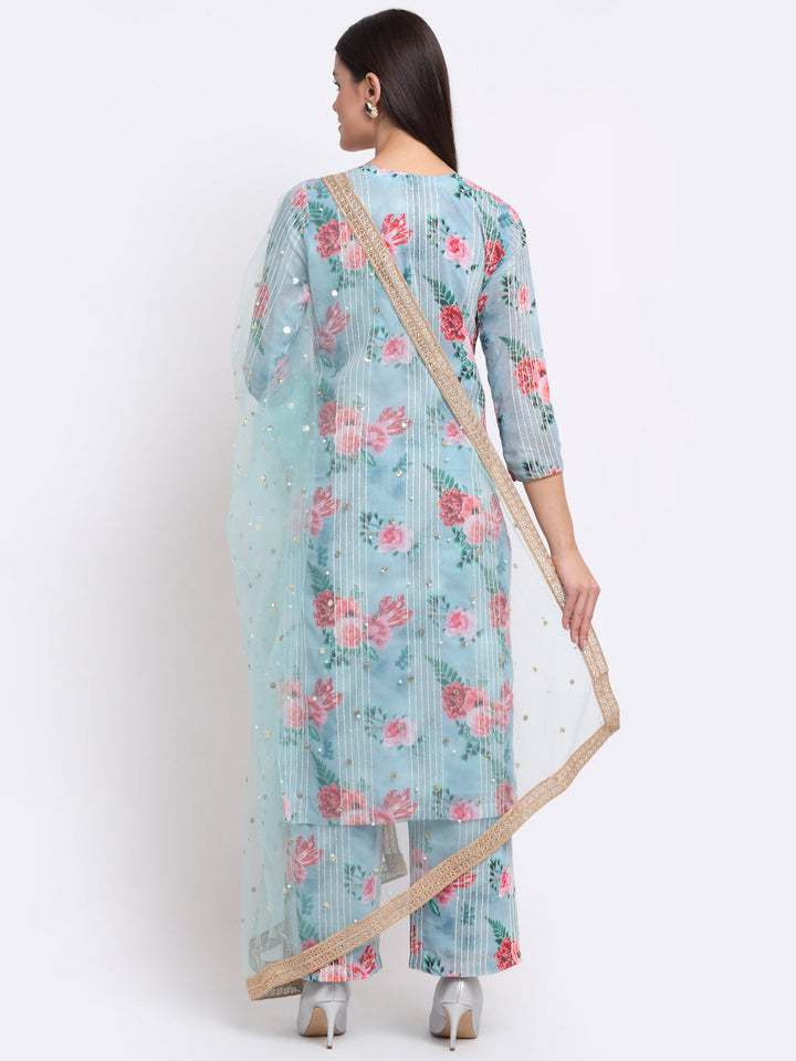 anokherang Combos Sea Green Floral Sequinned Lines Kurti with Palazzo and Sequin Dupatta