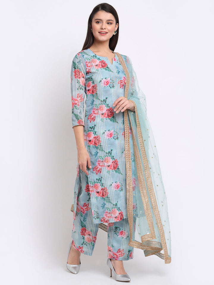 anokherang Combos Sea Green Floral Sequinned Lines Kurti with Palazzo and Sequin Dupatta