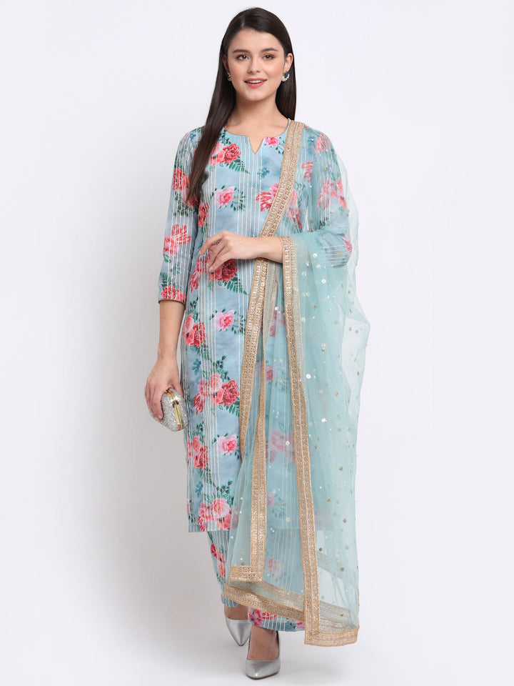 anokherang Combos Sea Green Floral Sequinned Lines Kurti with Palazzo and Sequin Dupatta