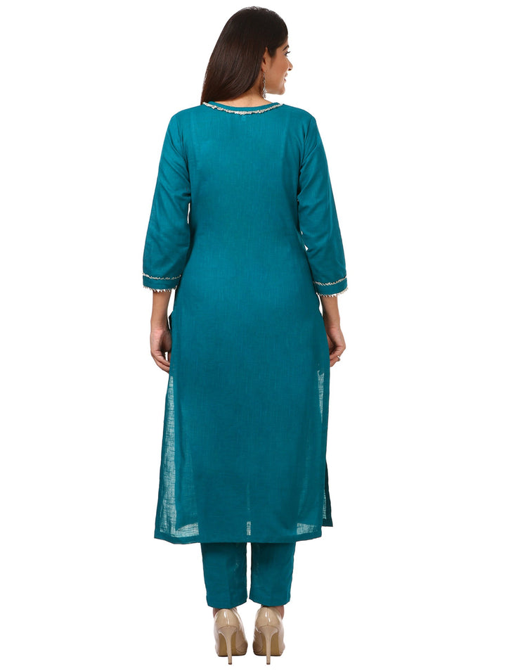 anokherang Combos Sea Green Gotta Work Kurti with Straight Pants and Pink Bandhani Dupatta