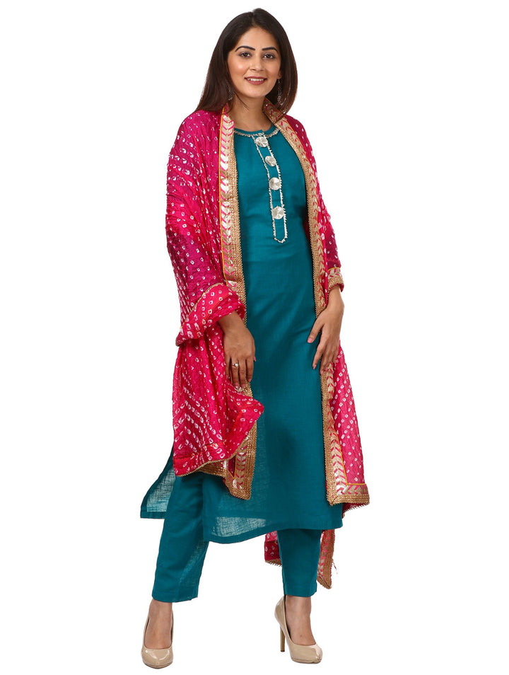 anokherang Combos Sea Green Gotta Work Kurti with Straight Pants and Pink Bandhani Dupatta