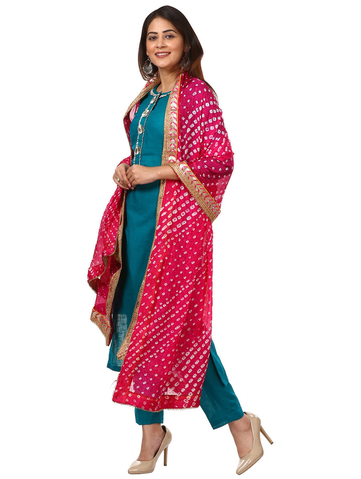anokherang Combos Sea Green Gotta Work Kurti with Straight Pants and Pink Bandhani Dupatta