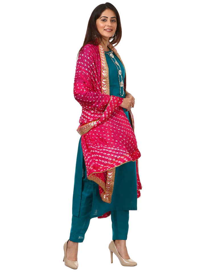 anokherang Combos Sea Green Gotta Work Kurti with Straight Pants and Pink Bandhani Dupatta