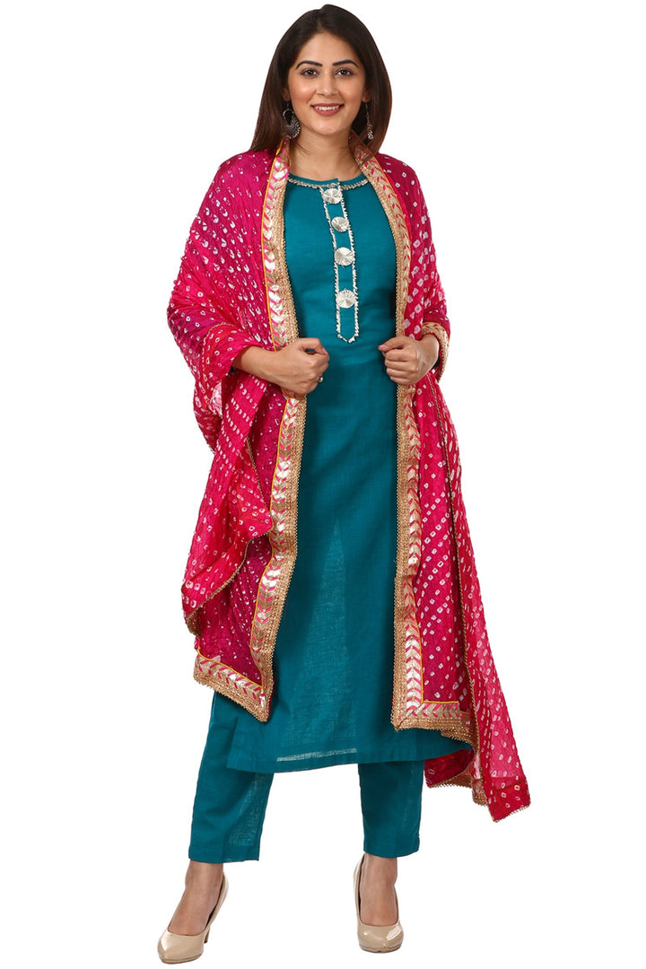 anokherang Combos Sea Green Gotta Work Kurti with Straight Pants and Pink Bandhani Dupatta
