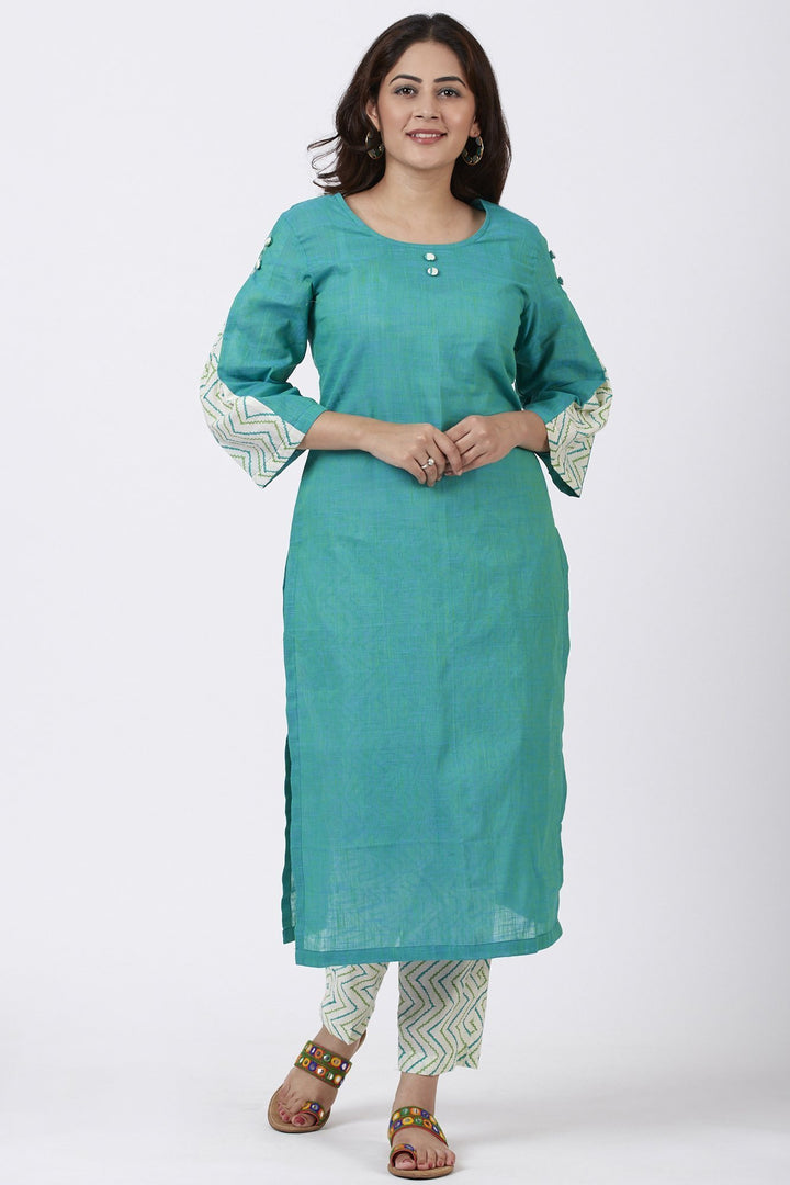 anokherang Combos Sea Green Pleated Sleeve Kurti with Printed Pants