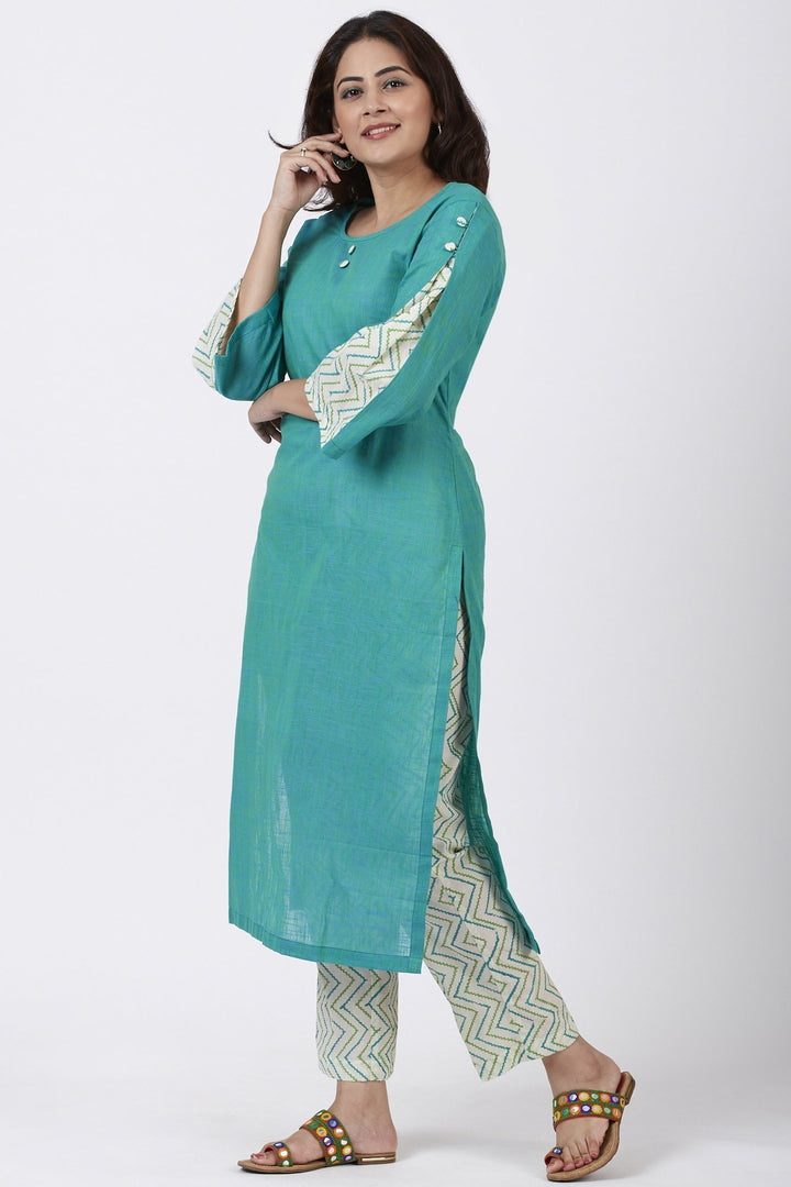 anokherang Combos Sea Green Pleated Sleeve Kurti with Printed Pants