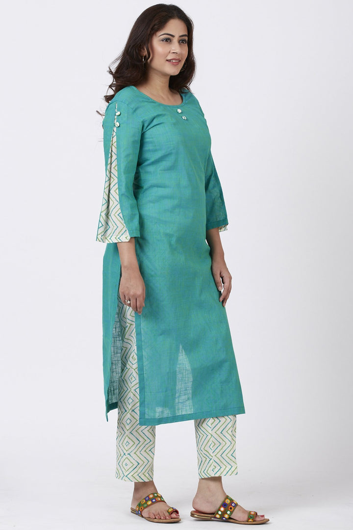 anokherang Combos Sea Green Pleated Sleeve Kurti with Printed Pants