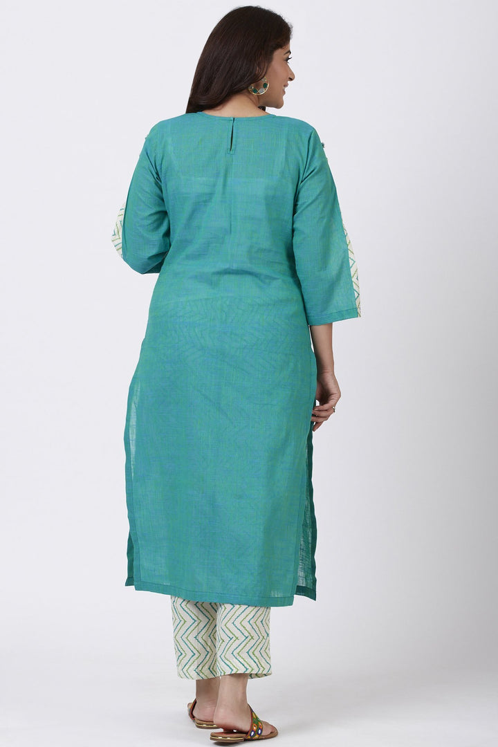 anokherang Combos Sea Green Pleated Sleeve Kurti with Printed Pants