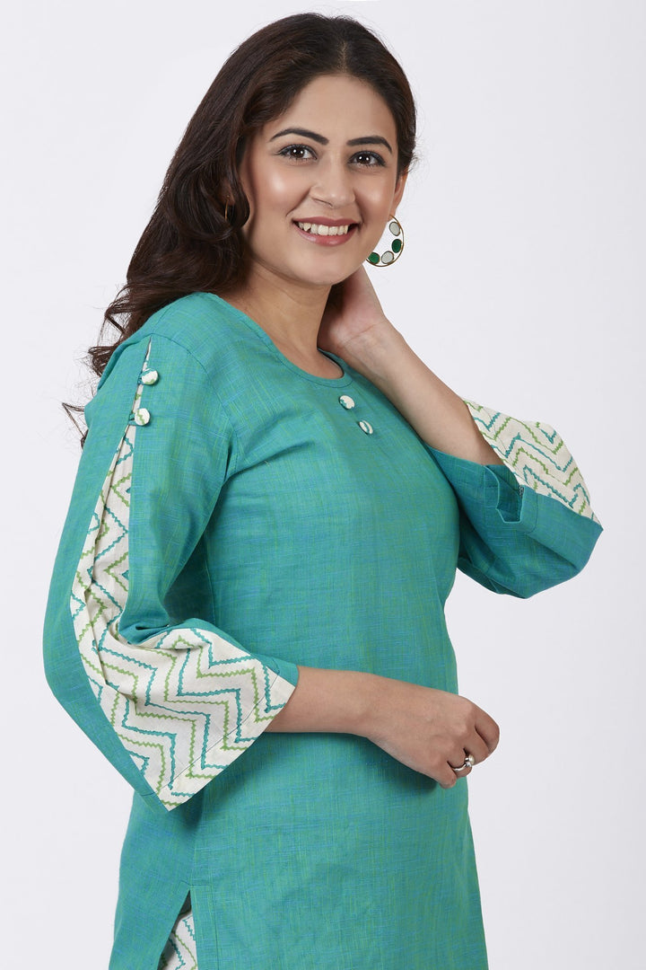 anokherang Combos Sea Green Pleated Sleeve Kurti with Printed Pants