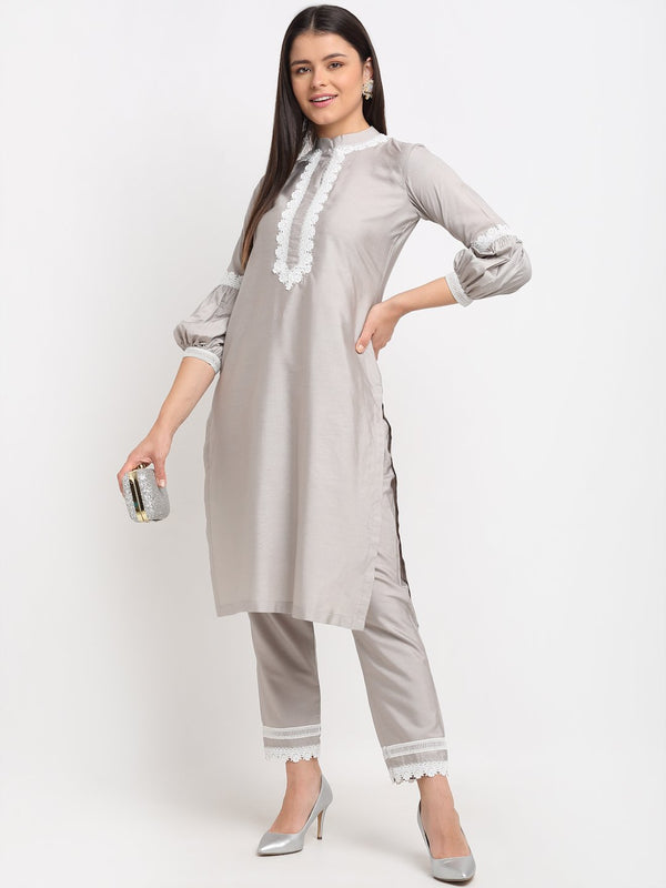 anokherang Combos Serene Grey Crotia Kurti With Straight Pants