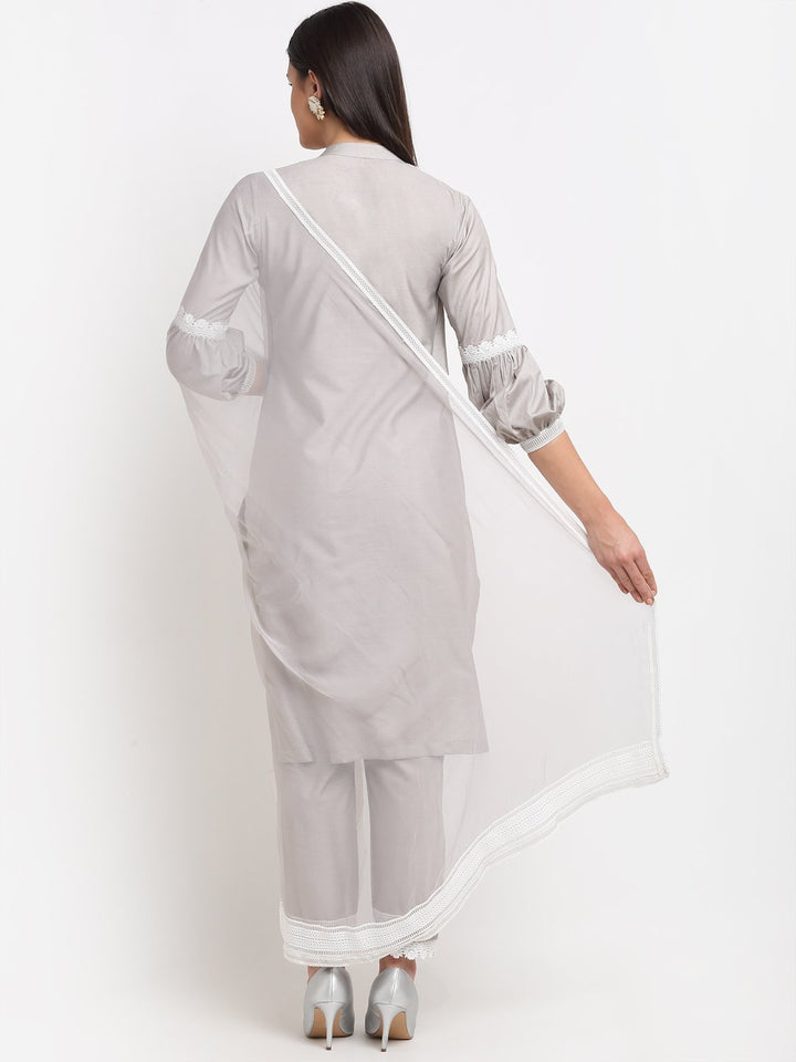 anokherang Combos Serene Grey Crotia Kurti With Straight Pants and Chiffon Dupatta