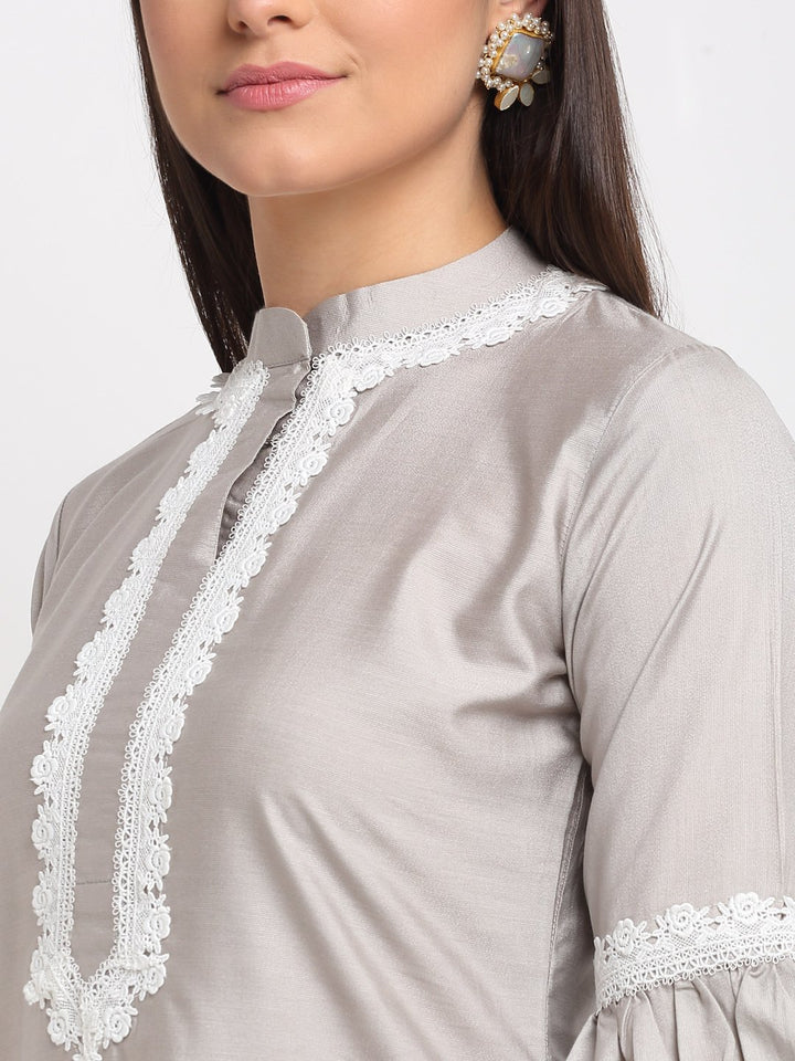 anokherang Combos Serene Grey Crotia Kurti With Straight Pants and Chiffon Dupatta