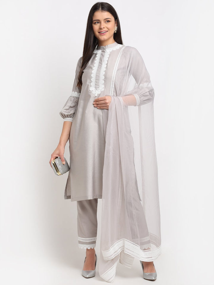 anokherang Combos Serene Grey Crotia Kurti With Straight Pants and Chiffon Dupatta