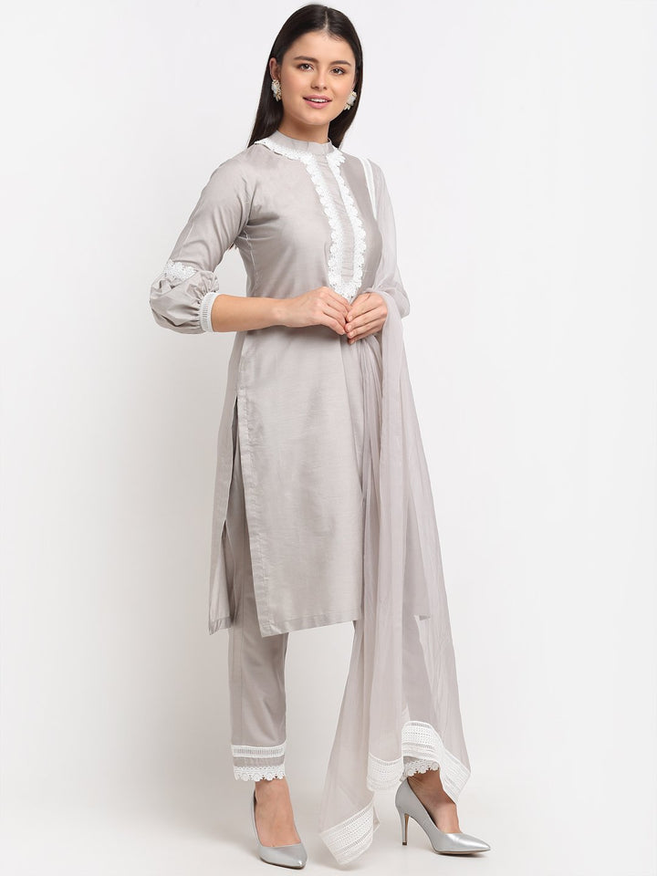 anokherang Combos Serene Grey Crotia Kurti With Straight Pants and Chiffon Dupatta