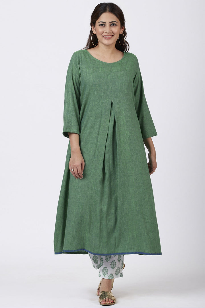 anokherang Combos Shaded Jade Front Pleat Kurti with Straight Pants