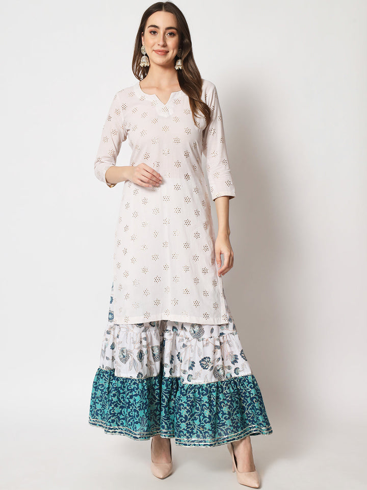 anokherang Combos Shades of Blue Short Kurti With Printed Sharara