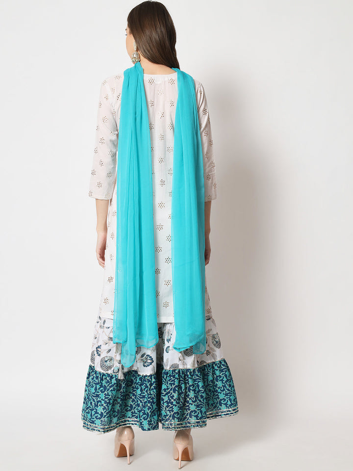 anokherang Combos Shades of Blue Short Kurti With Printed Sharara and Chiffon Dupatta