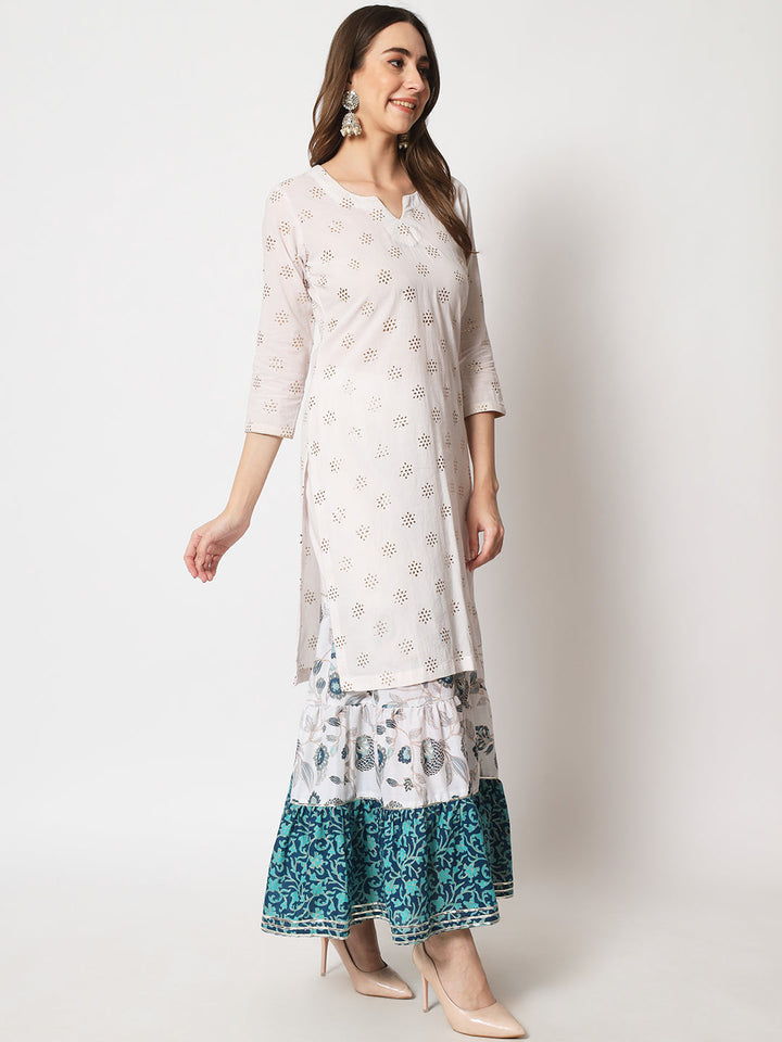 anokherang Combos Shades of Blue Short Kurti With Printed Sharara and Chiffon Dupatta