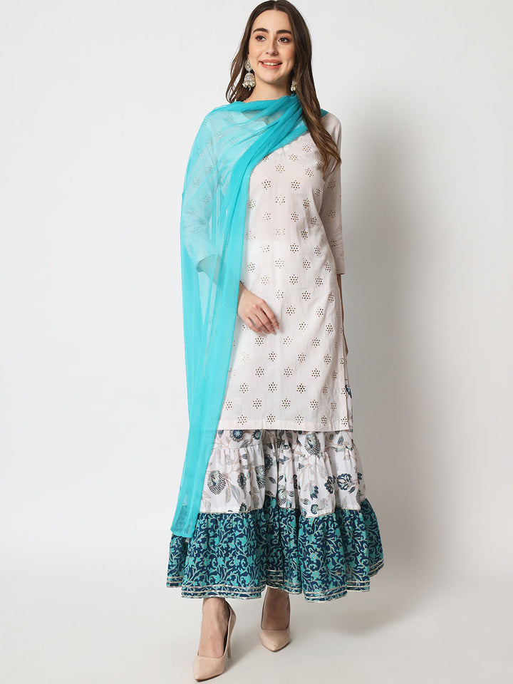 anokherang Combos Shades of Blue Short Kurti With Printed Sharara and Chiffon Dupatta