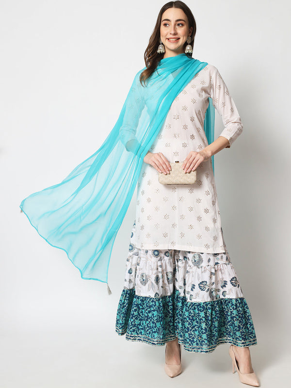 anokherang Combos Shades of Blue Short Kurti With Printed Sharara and Chiffon Dupatta